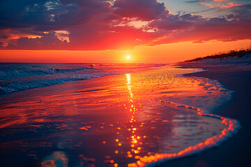 Sunset over the horizon, with the beach in the foreground, creating an atmosphere of romance and tranquility