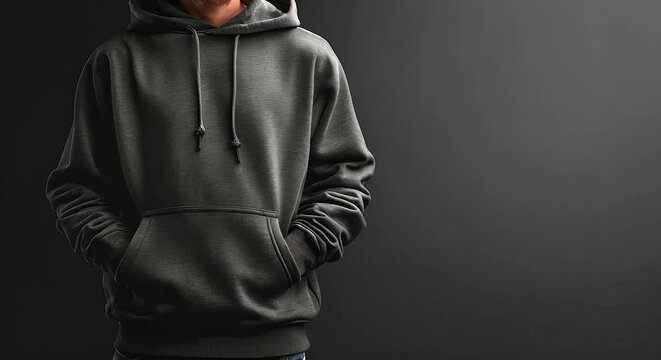 A man wearing a black hoodie stands in front of a black background in this simple yet striking image