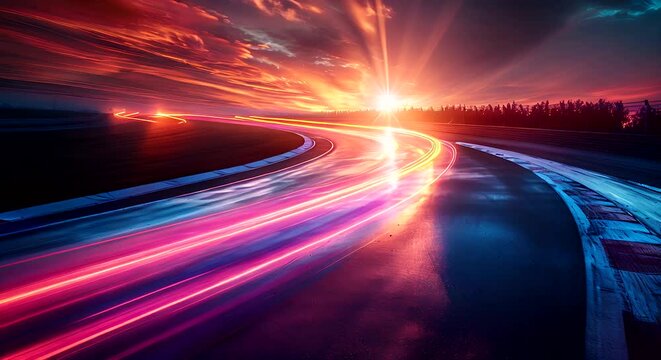 A long exposure photo captures the streaking lights of vehicles on a highway against a sunset sky
