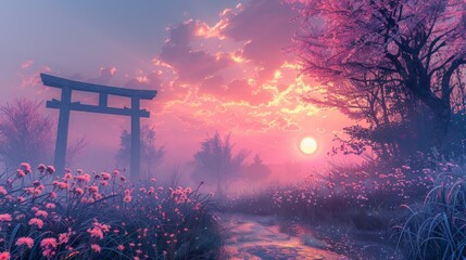 Japanese sunset with vaporwave vibe. Generative AI