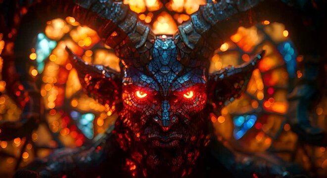 A demonic demon with red eyes and horns is depicted in this video
