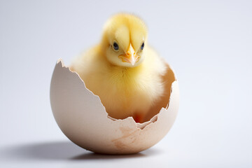A young bird with yellow feathers emerges from its egg shell