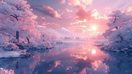 Japanese sunset with vaporwave vibe. Generative AI