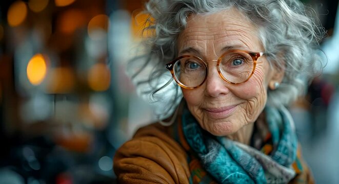 An older woman with glasses and a scarf is featured in this video. She is elegantly dressed and appears to be engaged in various activities