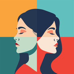 Two women's faces, back to back. Artboard divided into quarters. Quartered woman emotions