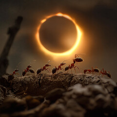A group of ants against the background of a total solar eclipse