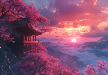 Fototapeta na wymiar Japanese sunset with vaporwave vibe. Generative AI