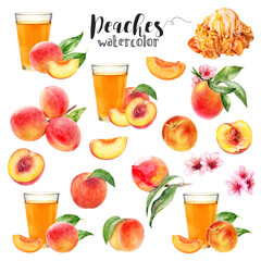 Watercolor illustration of peaches set close up. A large set with different peach varieties, on a branch with leaves, flowers, glass of juice and sliced peaches. 