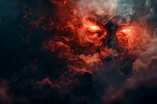 A skull with glowing red eyes set against a backdrop of billowing smoke creates a haunting and eerie atmosphere