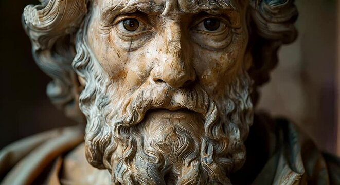 Detailed view of a statue depicting a man with a full beard, showcasing intricate details and craftsmanship