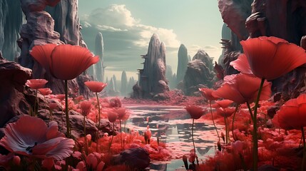 Tranquil Oasis: Vibrant Poppies Stretching Across a Serene Pond, Creating a Captivating Scene of Natural Beauty and Peaceful Reflection - obrazy, fototapety, plakaty