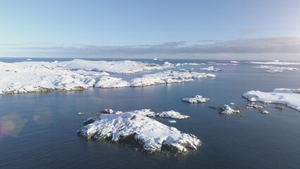 Antarctica Polar Ocean Seascape Aerial Flight View. North Antarctic Open Water Glacier Landscape...