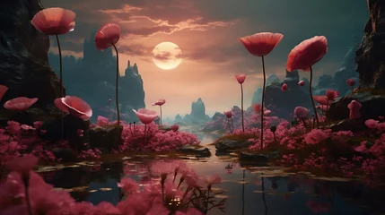 Plexiglas foto achterwand Tranquil Oasis: Vibrant Poppies Stretching Across a Serene Pond, Creating a Captivating Scene of Natural Beauty and Peaceful Reflection © Being Imaginative