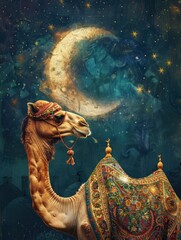 This image is created for Islamic events like Eid ul Adha, Camel, poster and copy space - generative ai - obrazy, fototapety, plakaty