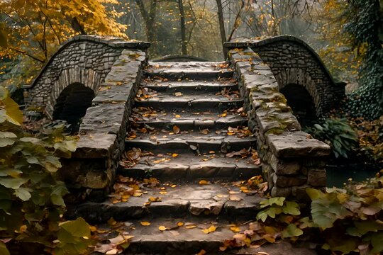 A stone bridge stands among lush trees and fallen leaves in a natural setting