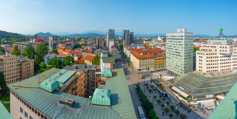 Aerial view of the downtown of Slovenian capital Ljubljana - obrazy, fototapety, plakaty