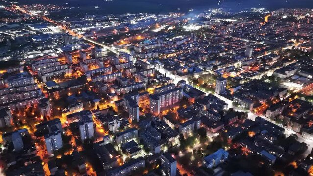 Stara Zagora night street city drone view