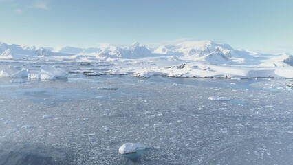 Arctic Polar Mountain Coast Aerial View. Snow Covered Antarctica Ocean Landscape Overview. North...