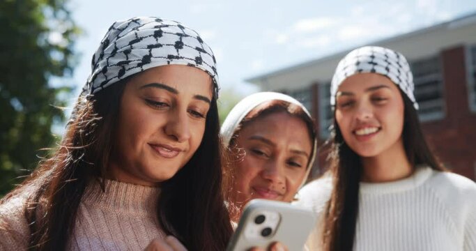 Female friends, mobile or post on social media, update or communication as bonding together to relax. Gen z, Muslim women or phone to share, viral meme as support of online activism to free Palestine