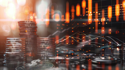 Fototapeta premium Stack of Coins with Market Graph Background