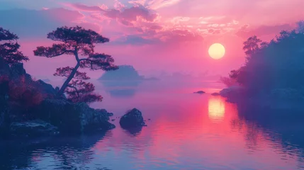 Kissenbezug Japanese sunset with vaporwave vibe. Generative AI © wellyans