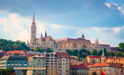 Panoramic view of Fisherman Bastion from Danube river in Budapest, Hungary - 780097209