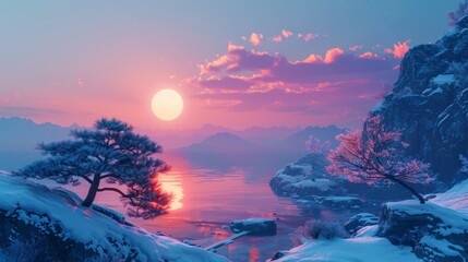 Fototapeta premium Japanese sunset with vaporwave vibe. Generative AI