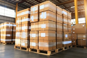 Packaging Boxes Stacked on Pallets in Storage Warehouse. Cartons Cardboard Boxes. Supply Chain. Storehouse Distribution. Shipping Supplies Warehouse Logistics.