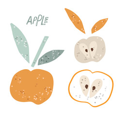 Apple print in Printmaking style. Abstract natural poster in pastel colors with raster texture effect. Hand-drawn apple For poster, banner, cover, social networks, postcards, printing