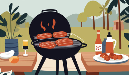 Grill & Chill. A BBQ Affair. Barbecue Time Concept. Vector Flat Illustration.