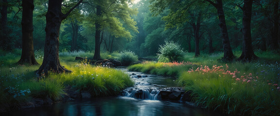 Fototapeta na wymiar Beautiful green forest, dark mode tones, long exposure picture, small river. Generated AI