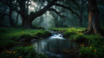 Beautiful green forest, dark mode tones, long exposure picture, small river. Generated AI - 780097491