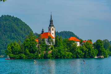 Assumption of Maria church at lake Bled in Slovenia - obrazy, fototapety, plakaty