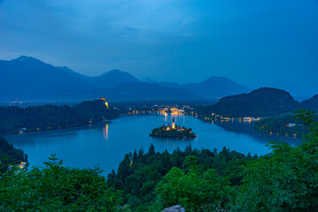 Sunset panorama of Bled lake in Slovenia - obrazy, fototapety, plakaty