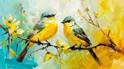 Yellow Birds Sitting on Spring Branch Acrylic Painting. Canvas Texture, Brush Strokes.
