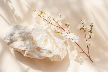 Flower Branch and Stone on Bright Beige Background