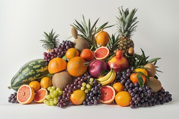 A vibrant assortment of fruit stacked neatly atop a white table, creating a colorful and inviting display