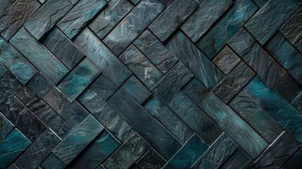 Herringbone pattern of dark slate tiles with subtle blue hues. Textured geometric background. - obrazy, fototapety, plakaty