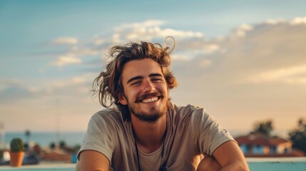 Portrait of a smiling and carefree man sitting on a rooftop generative ai