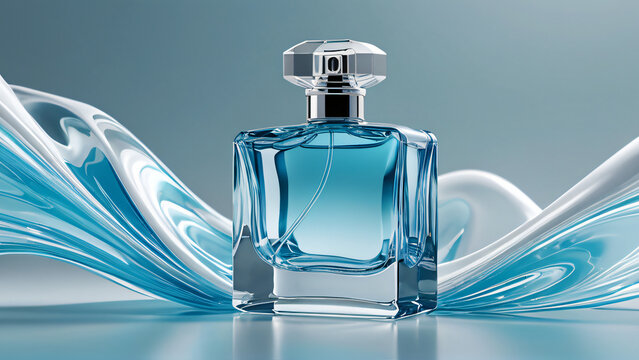 A blue glass perfume bottle with a silver cap sits on a reflective surface in front of a blue and white abstract background.