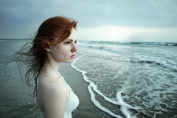 A woman stands serenely on a beach, gazing out at the ocean waves gently rolling to shore