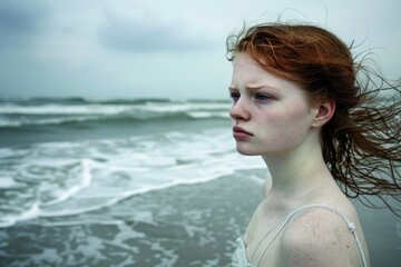 Fototapeta na wymiar A woman with red hair stands on a beach, looking out at the ocean