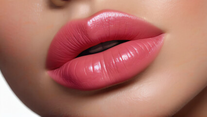 A close-up image of full, glossy pink lips, slightly parted, against a blurred background. - obrazy, fototapety, plakaty