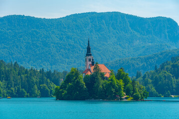 Assumption of Maria church at lake Bled in Slovenia - obrazy, fototapety, plakaty