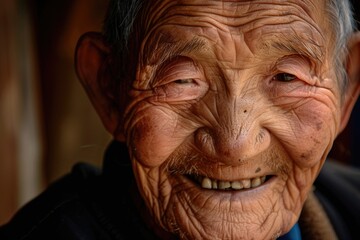 An elderly man, his face weathered with age, showcases a lifetime of experiences through deep wrinkles and furrows