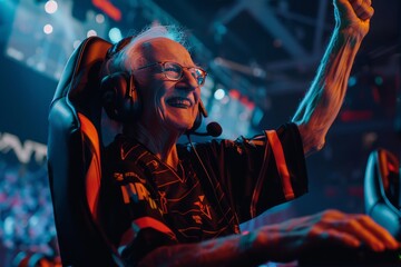 Joyful elderly man celebrating victory at gaming tournament. E-sports and gaming culture concept. Exuberant senior man with headset winning in an e-sports competition. - obrazy, fototapety, plakaty