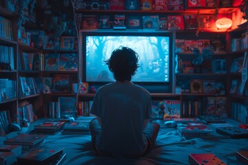 Young person deeply immersed in a captivating video game, creating a serene personal space with a vivid collection backdrop.