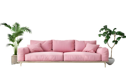 Scandinavian living room with pink sofa on empty white wall background.