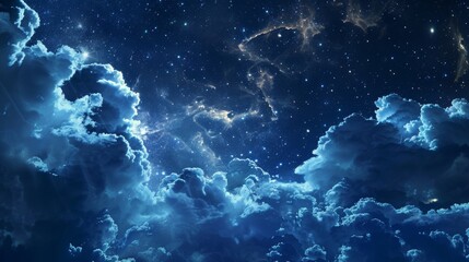 Starry cosmos intertwined with night-time cumulus clouds, creating a magical celestial scene
