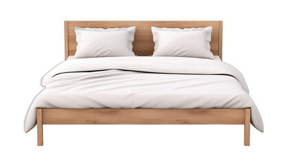 Fototapeta na wymiar Simple wooden bed frame with white pillows and blanket 3D rendering